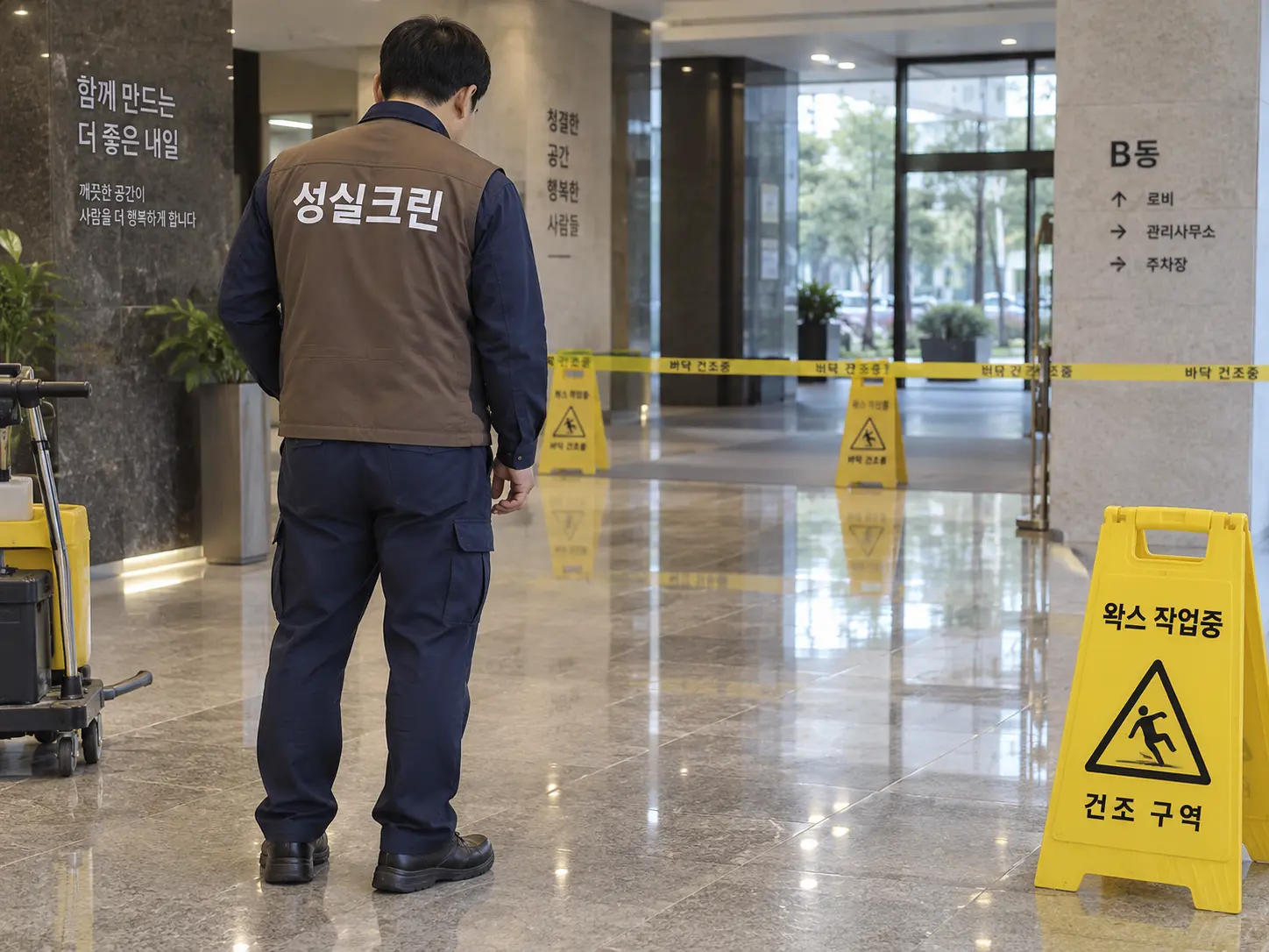광택이 완성된 상업공간 바닥 마감점검