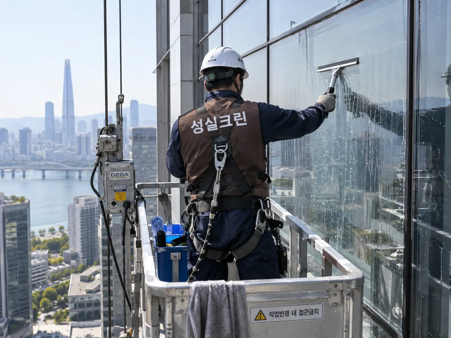 고소작업대에서 외부유리 스퀴지 청소