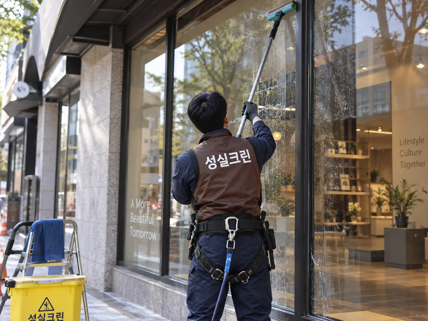저층 상가 쇼윈도 외측 유리 세척