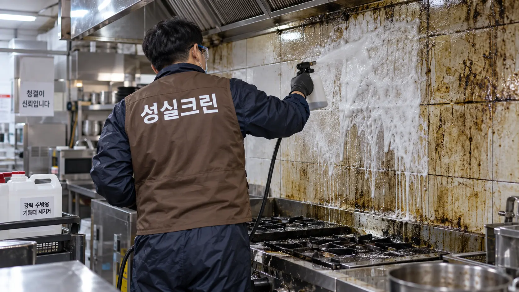 상업주방 벽면 기름때 탈지세척