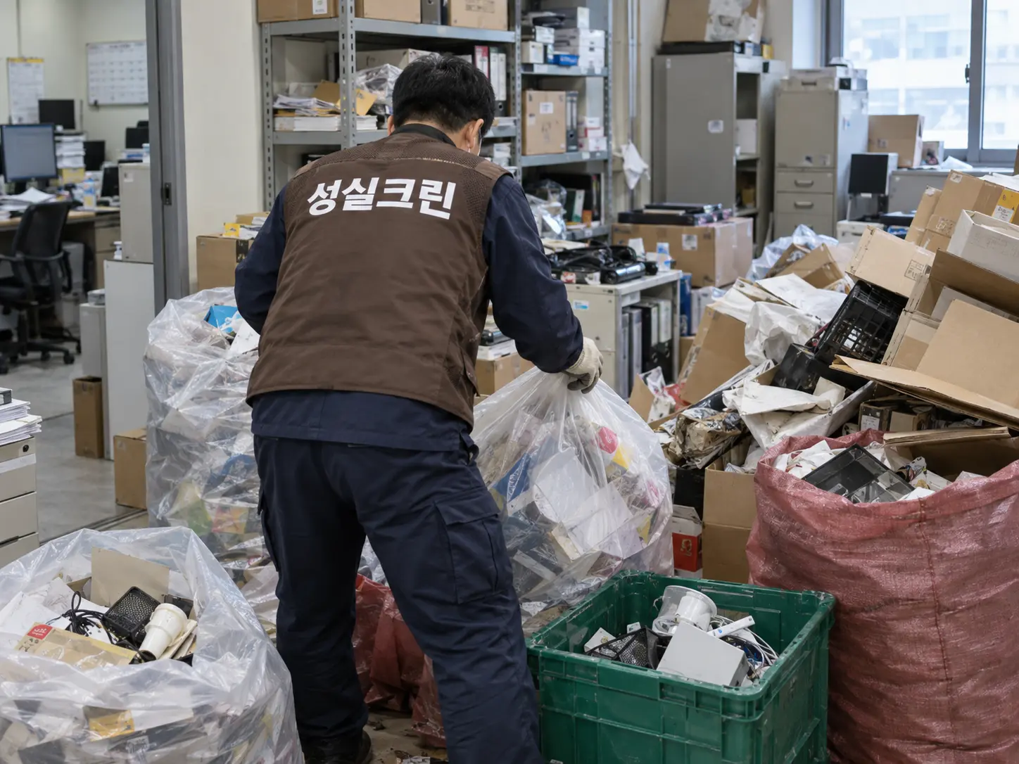 쓰레기가 쌓인 사업장 폐기물 분류와 포대 반출