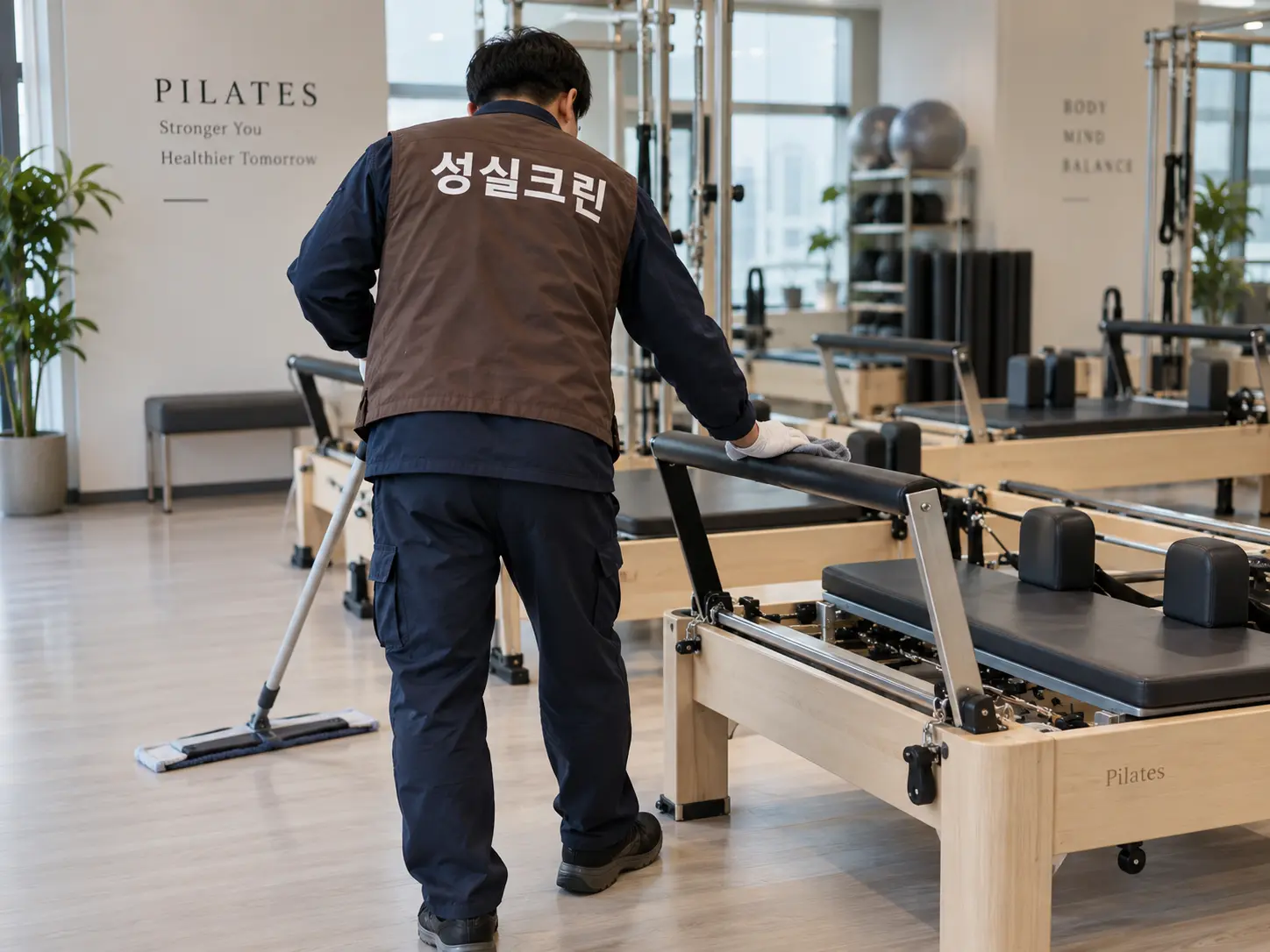 필라테스 기구와 스튜디오 바닥 청소