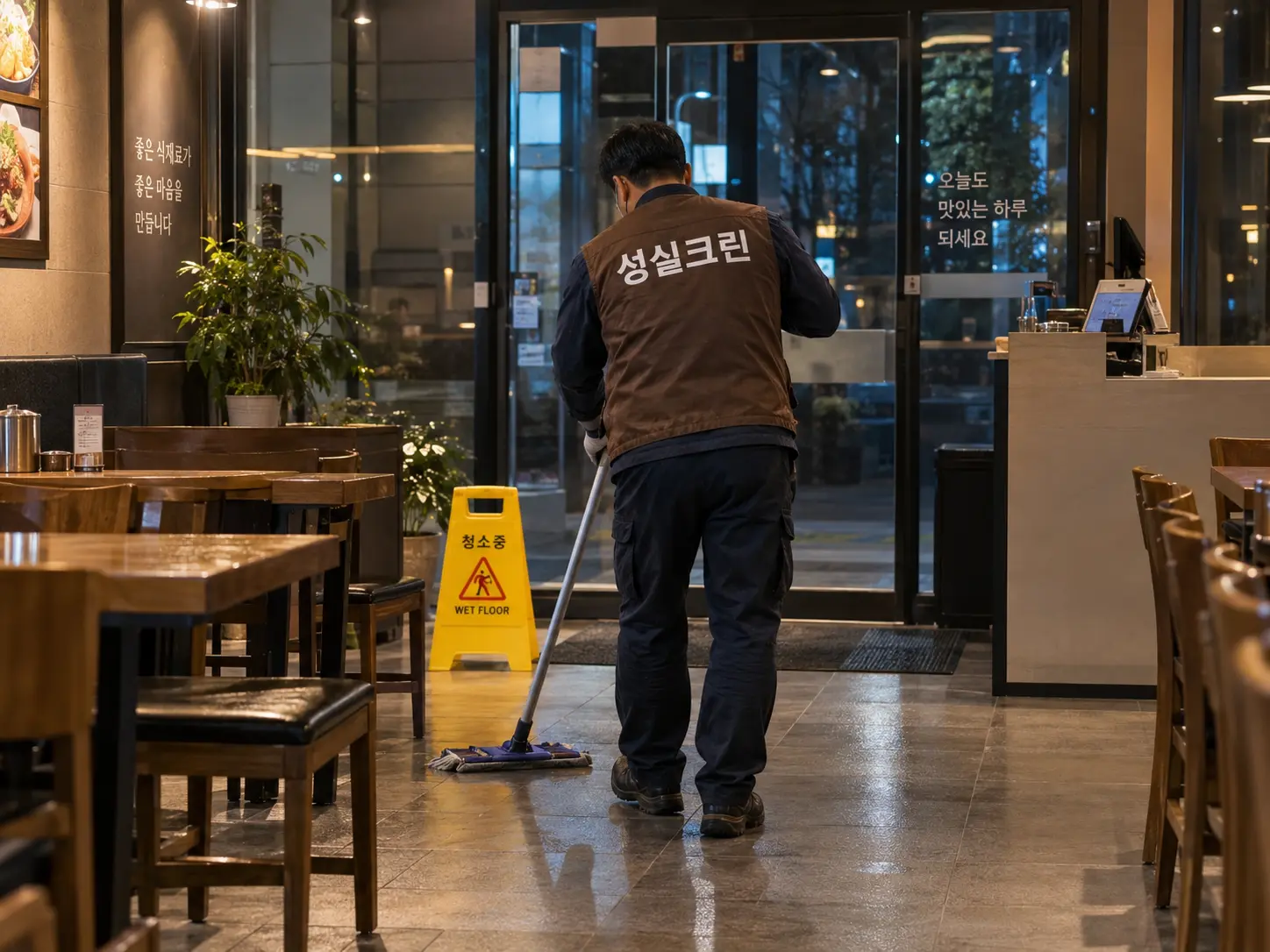 식당 출입구와 대기공간 청소