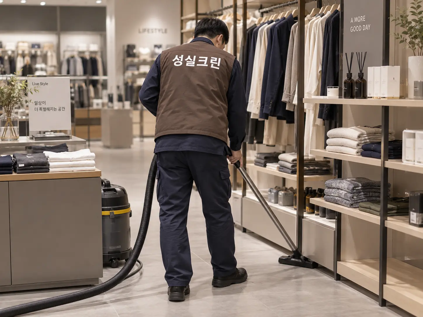 매장 진열대 하부 먼지 청소